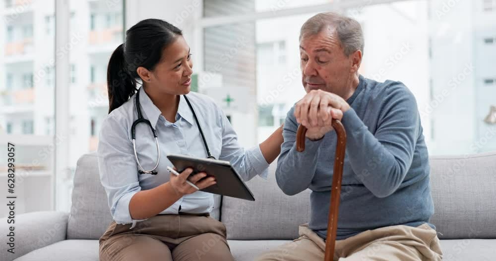 Doctor, senior man and tablet with patient results and healthcare information. Elderly male person with disability and digital report with conversation at a hospital or clinic with consultation job Doctor, senior man and tablet with patient results and healthcare information. Elderly male person with disability and digital report with conversation at a hospital or clinic with consultation job