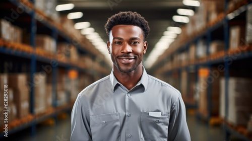 A happy African-American worker in the warehouse photo