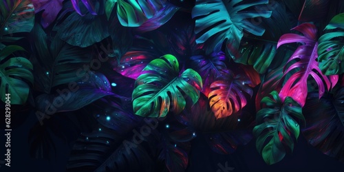 Tropical leaf background, neon glow color toned.