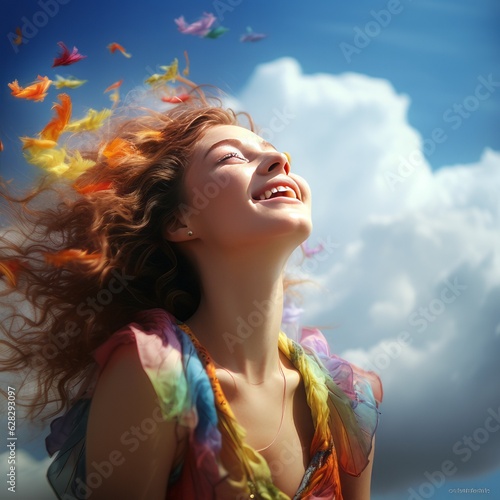 Beautiful girl who is happy and excited with colorful long colorful hair, surprise party. Cloud background. Generative AI.
