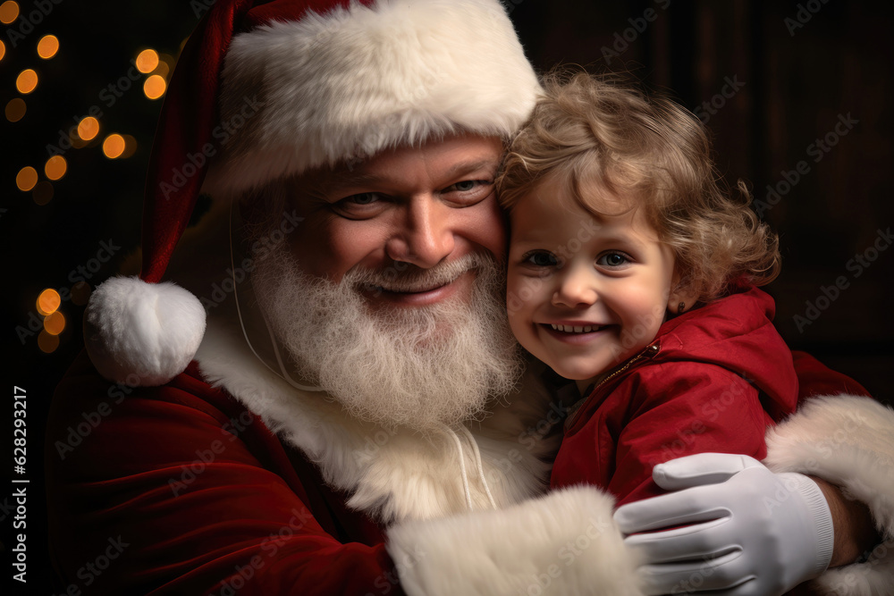 Cute and ruddy Santa Claus holds a 4 year old kid in his arms. Generative AI Cute and ruddy Santa Claus holds a 4 year old kid in his arms. Generative AI