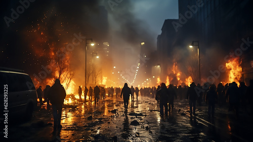 riot and fire people protest rally march on the street in the city