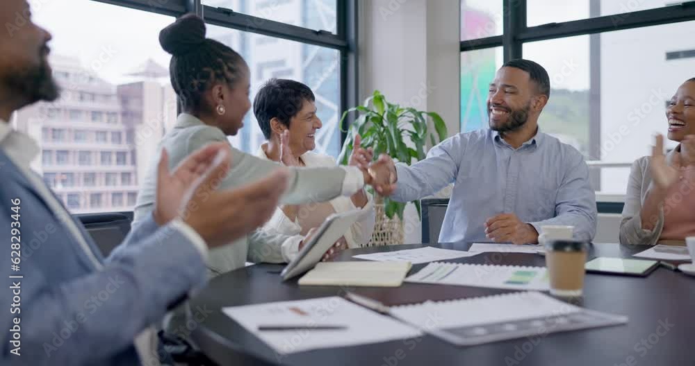 Success, meeting or happy business people shaking hands for deal agreement, sales goal or b2b negotiation. Smile, applause or excited manager with handshake to welcome a new employee in job promotion Success, meeting or happy business people shaking hands for deal agreement, sales goal or b2b negotiation. Smile, applause or excited manager with handshake to welcome a new employee in job promotion