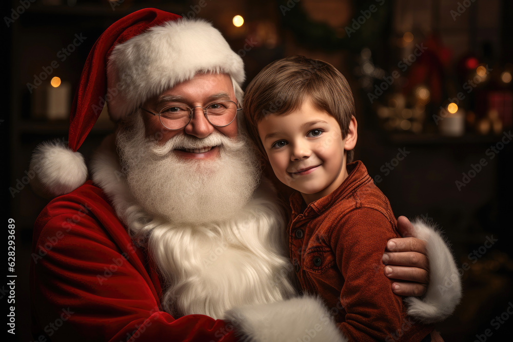 Cute and ruddy Santa Claus holds a 4 year old kid in his arms. Generative AI Cute and ruddy Santa Claus holds a 4 year old kid in his arms. Generative AI