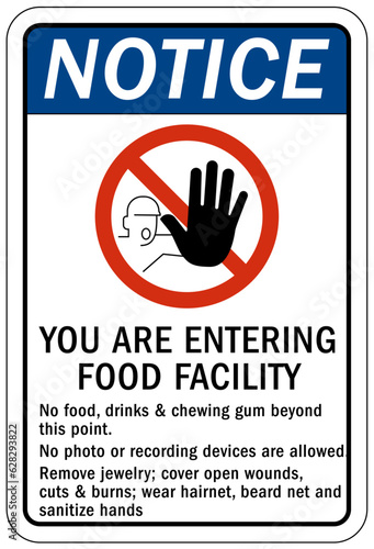 No food or drink allowed warning sign and labels