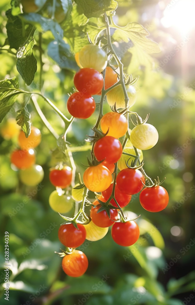 bush of cherry tomatoes on a branch in the sun made with AI generative technology