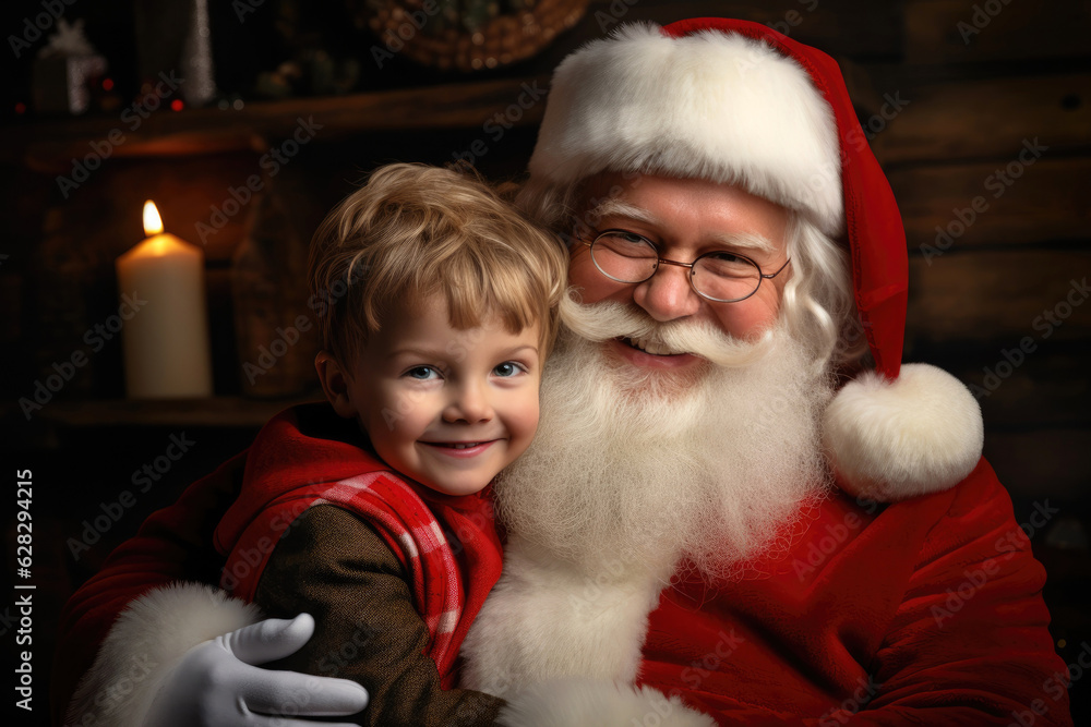 Cute and ruddy Santa Claus holds a 4 year old kid in his arms. Generative AI Cute and ruddy Santa Claus holds a 4 year old kid in his arms. Generative AI