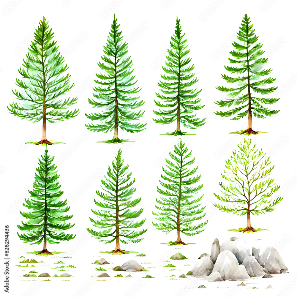 set of watercolor trees isolated on white background,