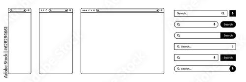 Blank web browser, internet page window with toolbar and search bar, field. Modern website in flat style, line art. Browser mockup for computer, tablet and smartphone. Vector illustration