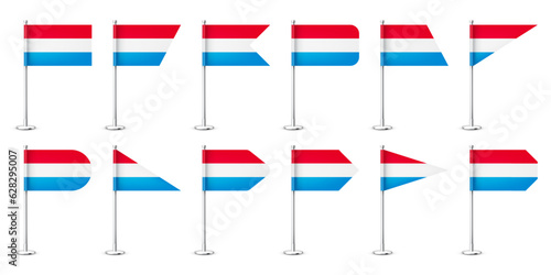 Luxembourgish table flags on a silver steel pole. Souvenir from Luxembourg. Desk flag made of paper or fabric, shiny metal stand. Mockup for promotion and advertising. Vector illustration