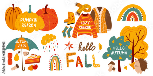 Vector Autumn Set. Set of pumpkins, autumn clothes, leaves, trees.  Collection of fall elements for scrapbooking. Beautiful poster, banner, poster. Hello fall, autumn vibes. White isolated background.