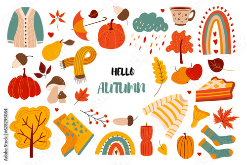 Cute autumn set with leaves, acorns, sweater, scarf, pumpkins, boots, mushrooms, pie, rainbow and text "Hello Autumn" . Suitable for children's projects, scrapbooking, etc. Vector illustration.