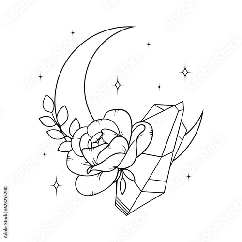 Vector line art mystical celestial magic witchcraft elements. Esoteric crescent moon,  crystals, peone roses, stars, leaves, line art.