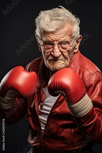 Strong and funny boxer elderly man is fighting. Generative AI © piai