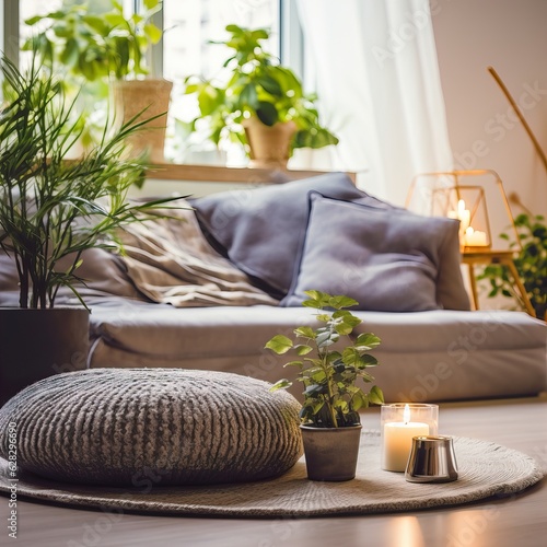 Tela Mindfulness home interior decor, green plants and candles in beautiful afternoon