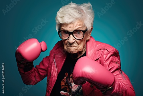 Strong and funny boxer elderly woman is fighting. Generative AI © piai