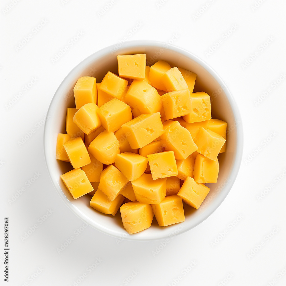 Top-down view of a bowl of cheddar cheese cubes. Generative AI.