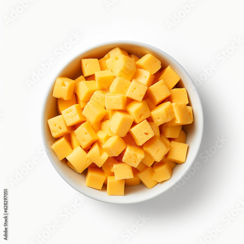 Top-down view of a bowl of cheddar cheese cubes. Generative AI.