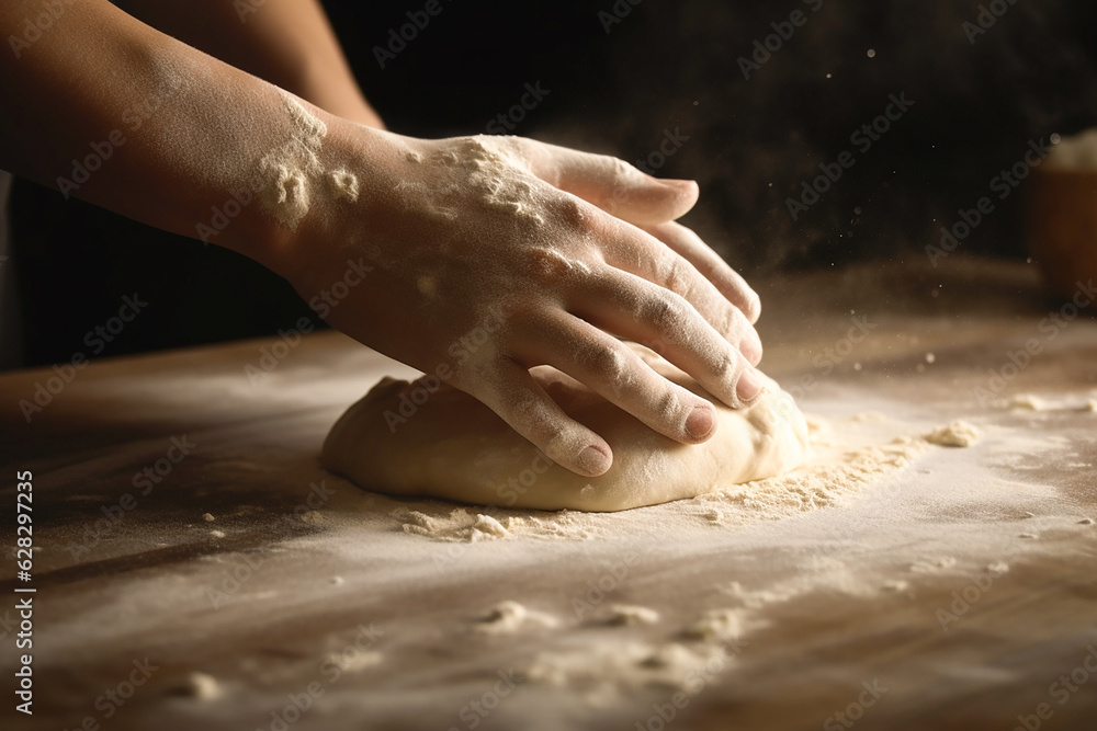 Obraz premium Human hands preparing pizza dough. Generative AI