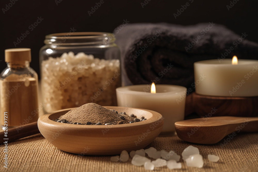 Spa composition with natural materials, closeup. Generative AI Spa composition with natural materials, closeup. Generative AI