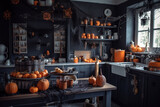 Private home kitchen decorated in Halloween style. Generative AI