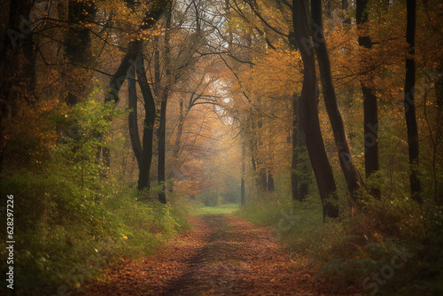 Natural forest alley in an autumn forest. Generative AI