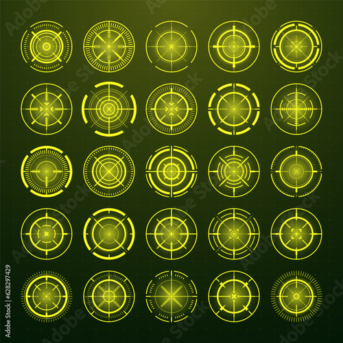 Crosshair, gun sight vector icons. Bullseye, black target or aim symbol. Military rifle scope, shooting mark sign. Targeting, aiming for a shot. Archery, hunting and sports shooting. Game UI element.