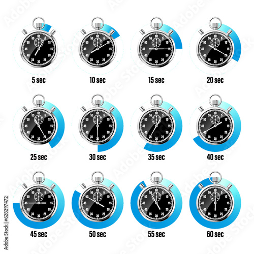 Realistic classic stopwatch. Shiny metal chronometer, black time counter with dial. Blue countdown timer showing minutes and seconds. Time measurement for sport, start and finish. Vector illustration