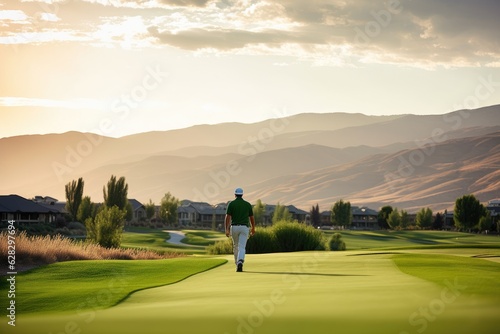 shot of a golfer walking towards the green on his golf course