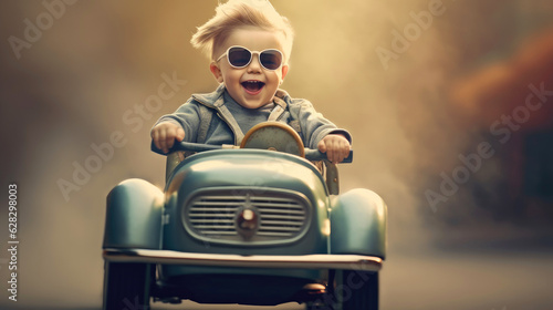 A little kid drives a small pedal car. 