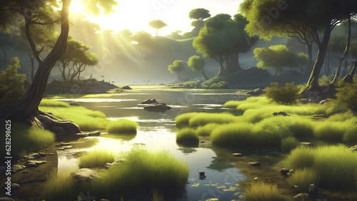 Illustration of lake in the forest savanna sunrise | AI Generated