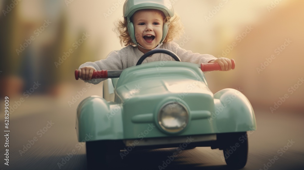 A little kid drives a small pedal car. Generative AI A little kid drives a small pedal car. Generative AI