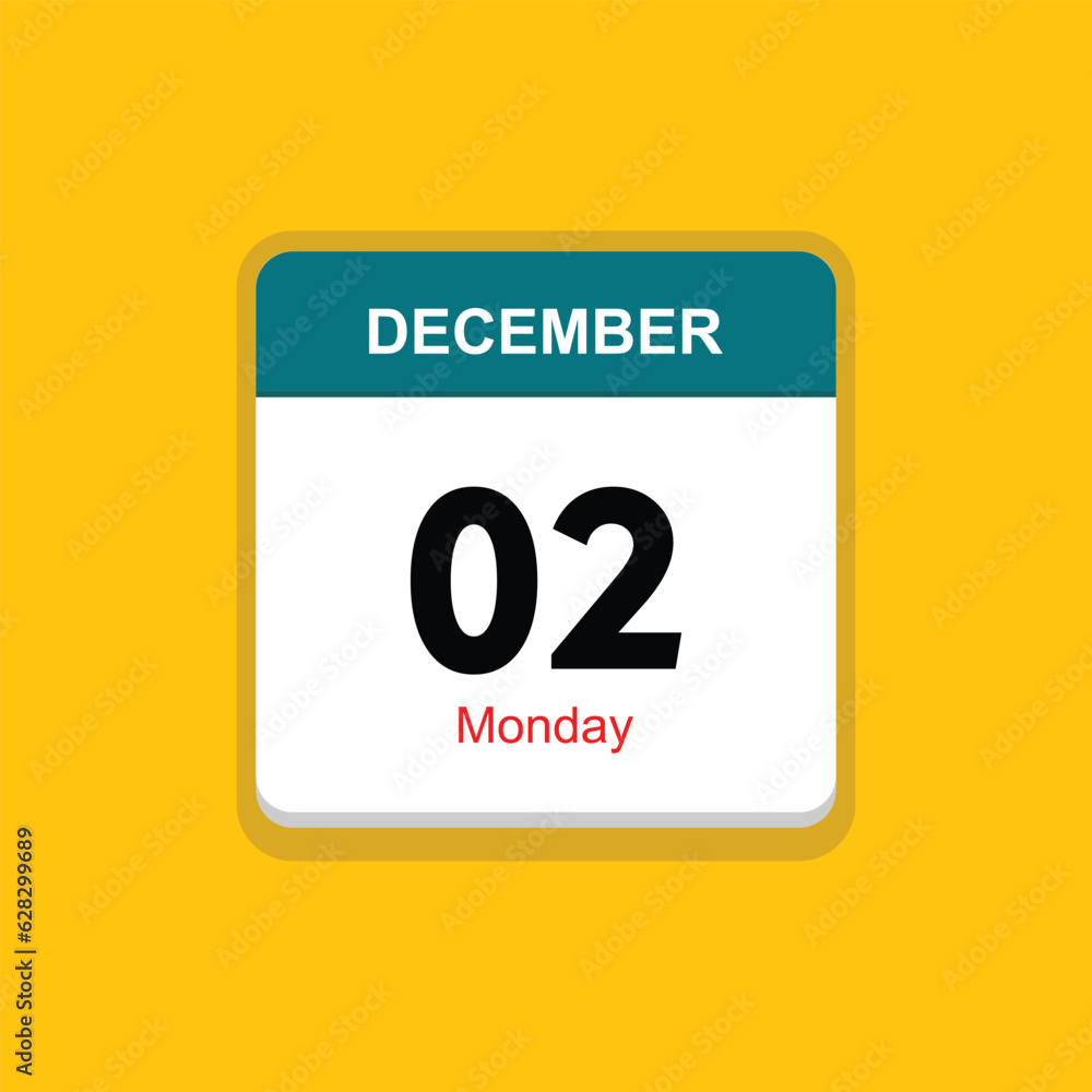 monday 02 december icon with yellow background, calender icon