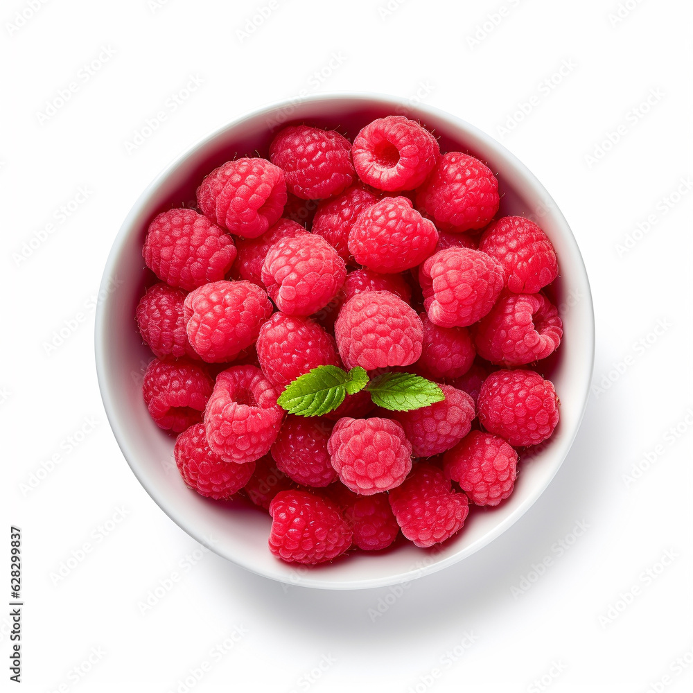 Top-down view of a bowl of fresh raspberries. Generative AI. Top-down view of a bowl of fresh raspberries. Generative AI.