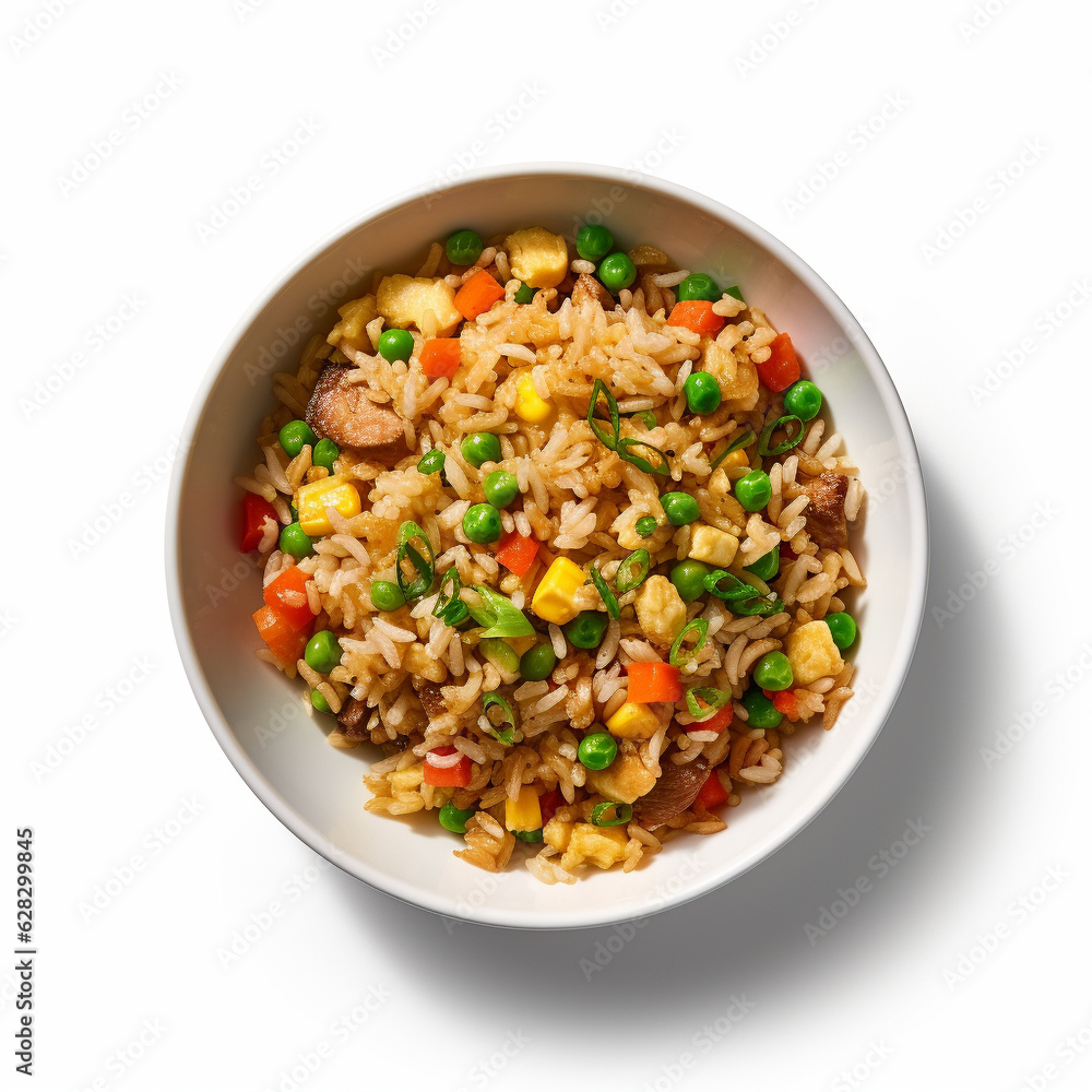 Top-down view of a bowl of fried rice. Generative AI. Top-down view of a bowl of fried rice. Generative AI.