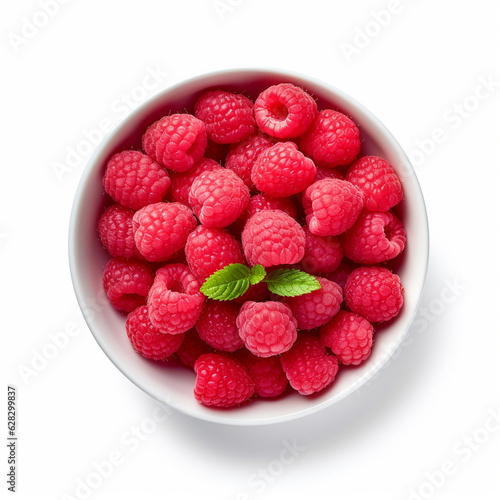 Top-down view of a bowl of fresh raspberries. Generative AI.