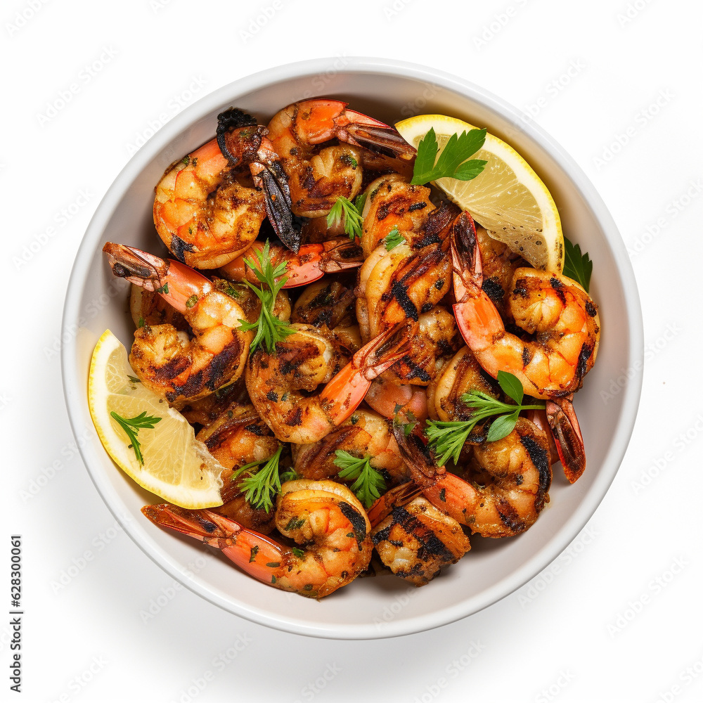 Top-down view of a bowl of grilled shrimp. Generative AI. Top-down view of a bowl of grilled shrimp. Generative AI.