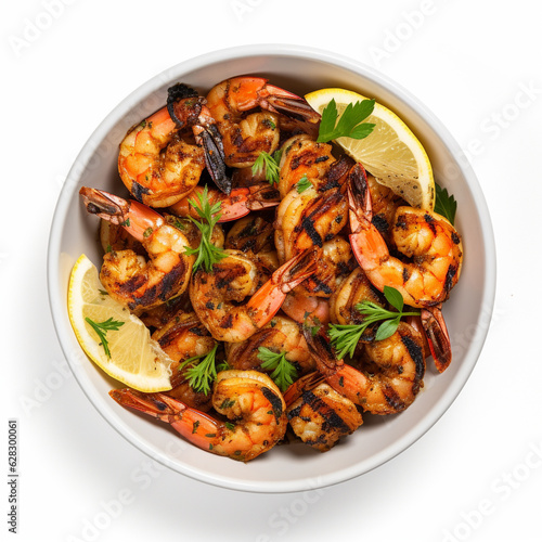 Top-down view of a bowl of grilled shrimp. Generative AI.