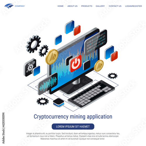 Cryptocurrency mining application, virtual money 3d isometric vector concept illustration