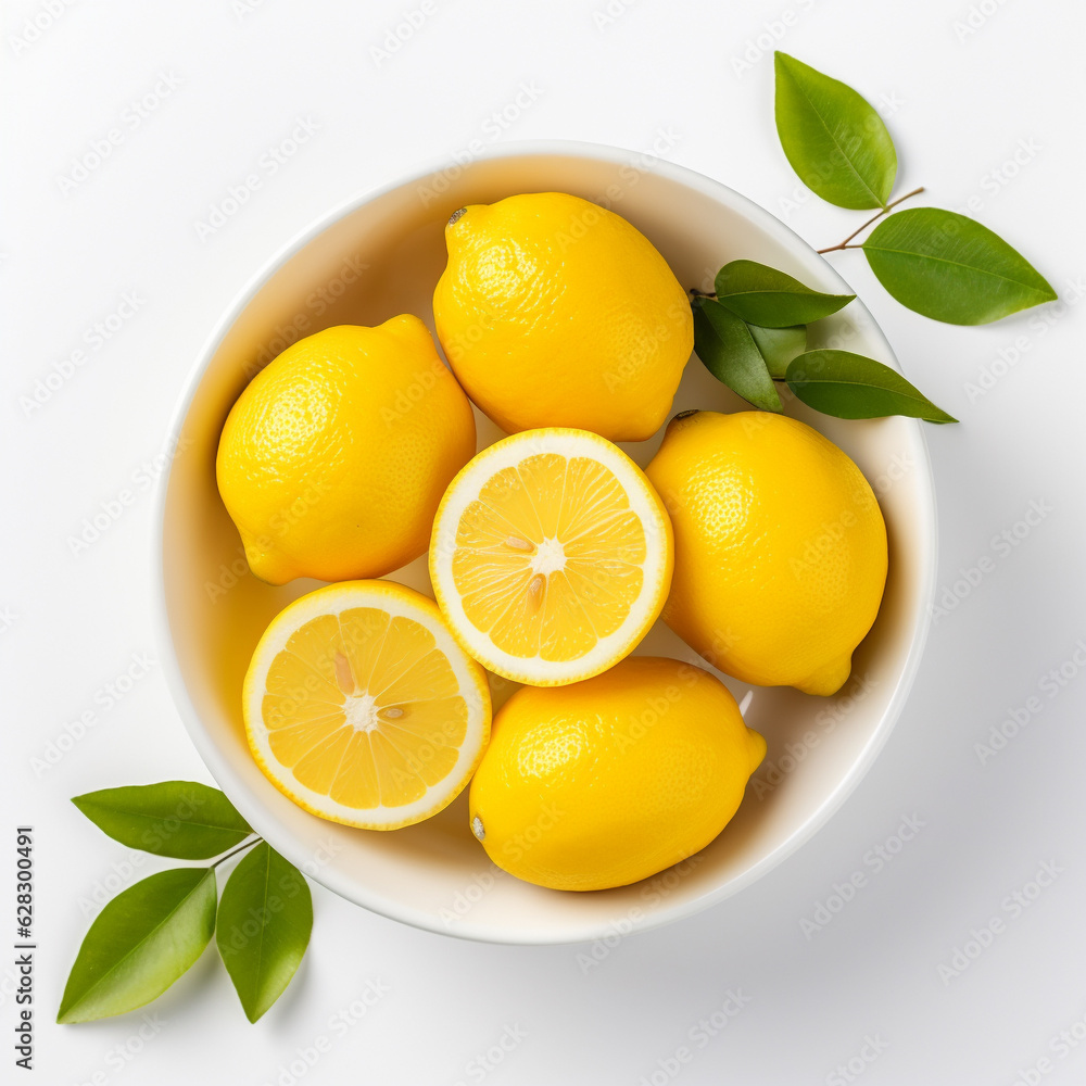 Top-down view of a bowl of lemons isolated on a white background Top-down view of a bowl of lemons isolated on a white background