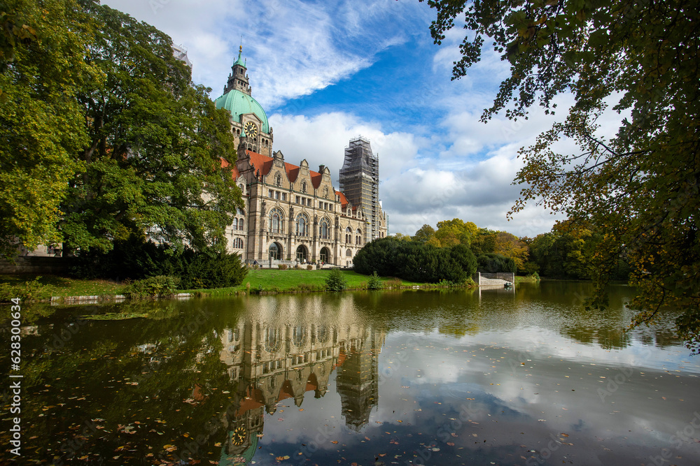 Hannover, Germany - October 14, 2022. The castle-like Neues Rathaus town hall was finished in 1913 Hannover, Germany - October 14, 2022. The castle-like Neues Rathaus town hall was finished in 1913