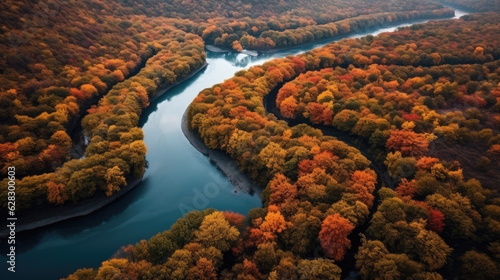 view of a river winding through a forest in full autumn color