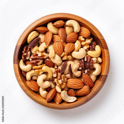 Top-down view of a bowl of mixed nuts.