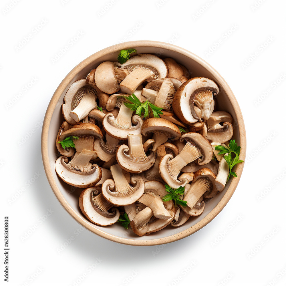 Top-down view of a bowl of sliced mushrooms. Top-down view of a bowl of sliced mushrooms.