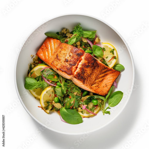 Top-down view of a bowl of pan-fried salmon.