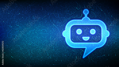 Robot chatbot head icon. Chatbot assistant application sign. AI technology background. Speech bubble message. Dialogue cloud. Circuit board pattern. PCB printed circuit texture. Vector Illustration.