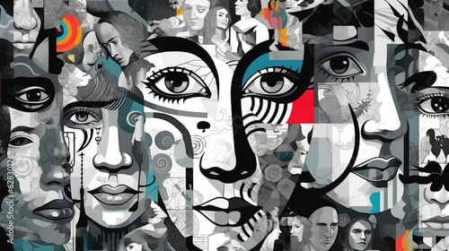 Abstract background with faces collage black and white and colours elements, psychology, stress wallpaper illustration