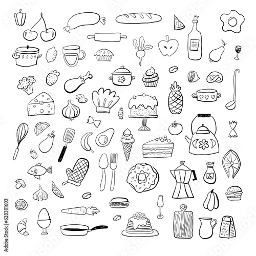 Food kitchen doodles hand drawn sketchy symbols 