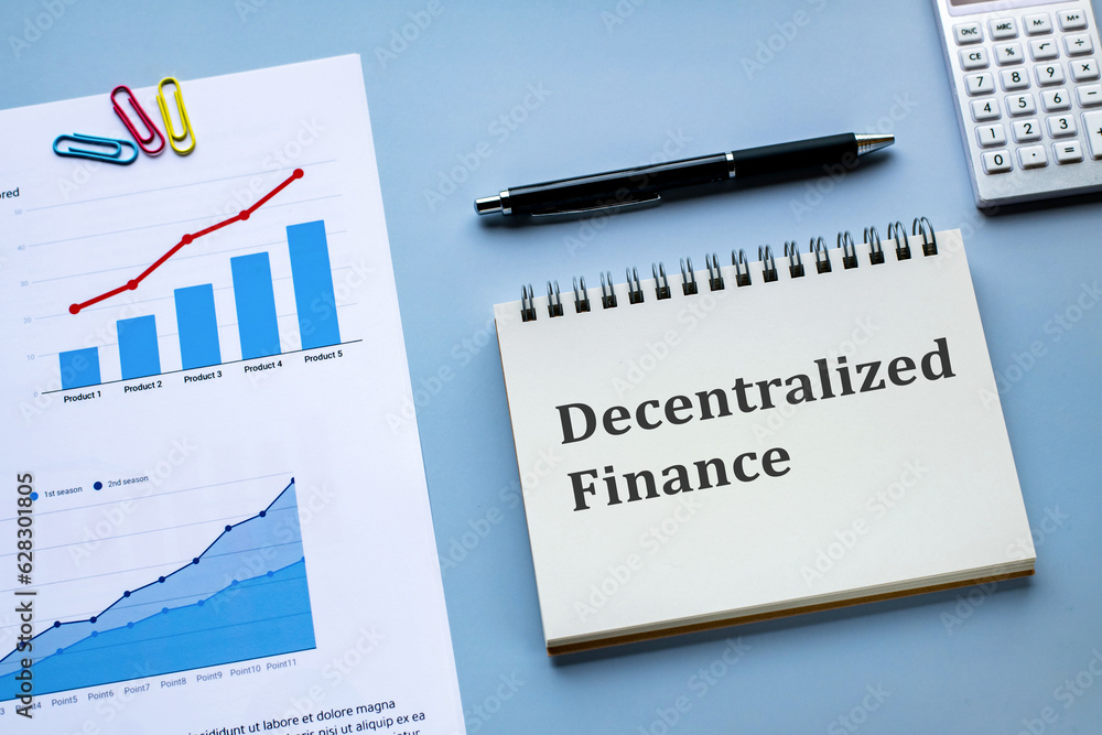 There is notebook with the word Decentralized Finance. It is as an eye-catching image. There is notebook with the word Decentralized Finance. It is as an eye-catching image.