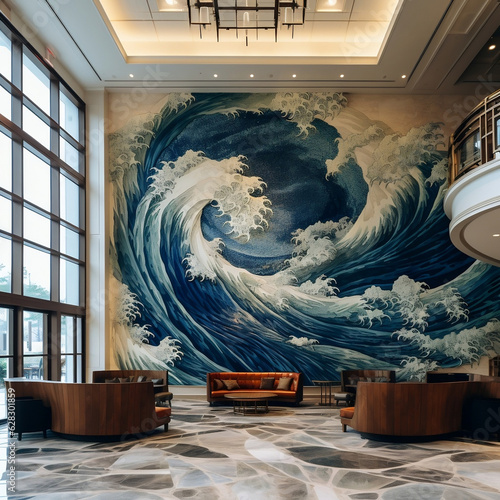Print op canvas a reinterpretation of The Great Wave of Kanagawa in a 5-star hotel lobby